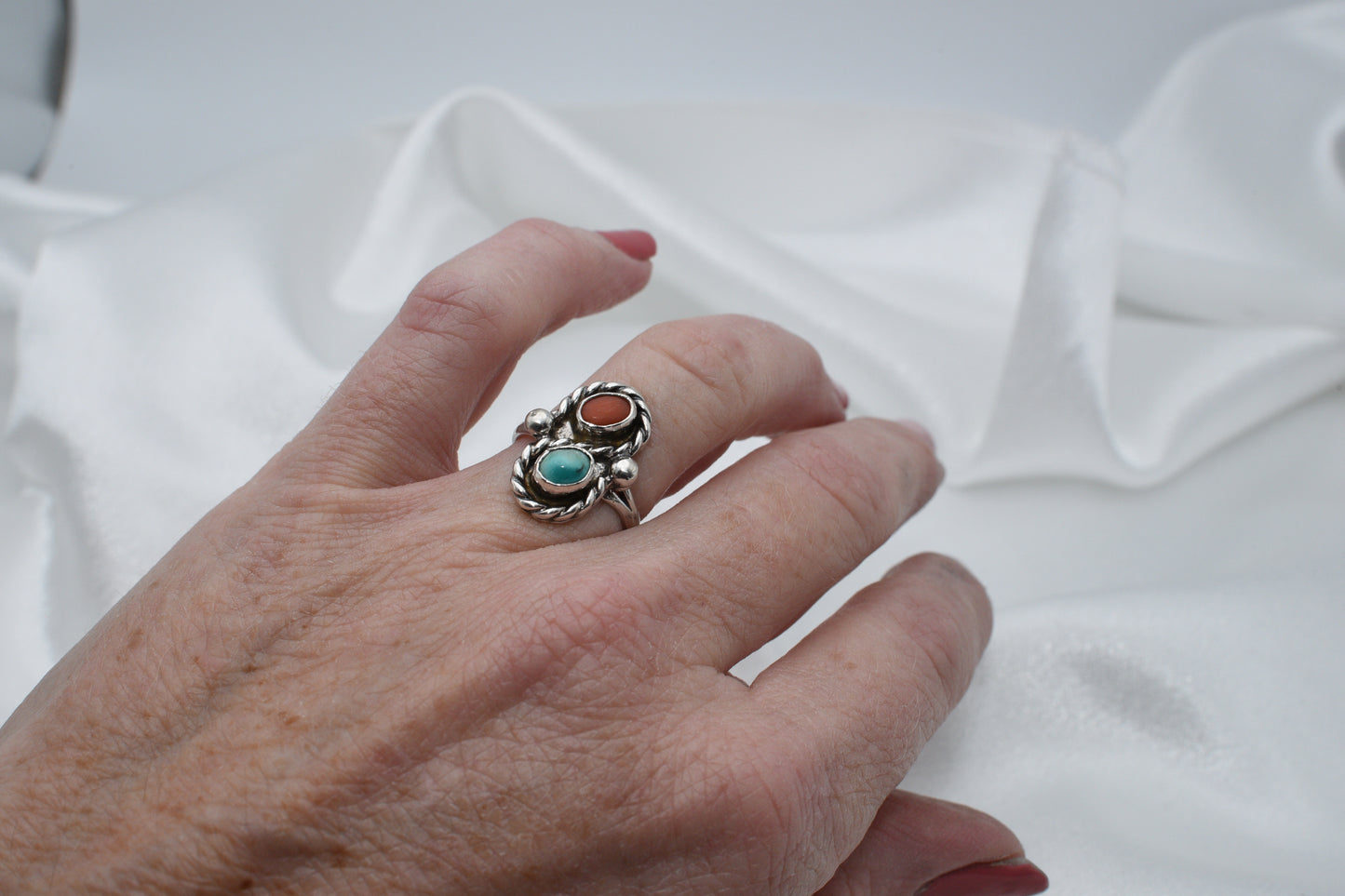 Coral and turquoise ring size 4.5