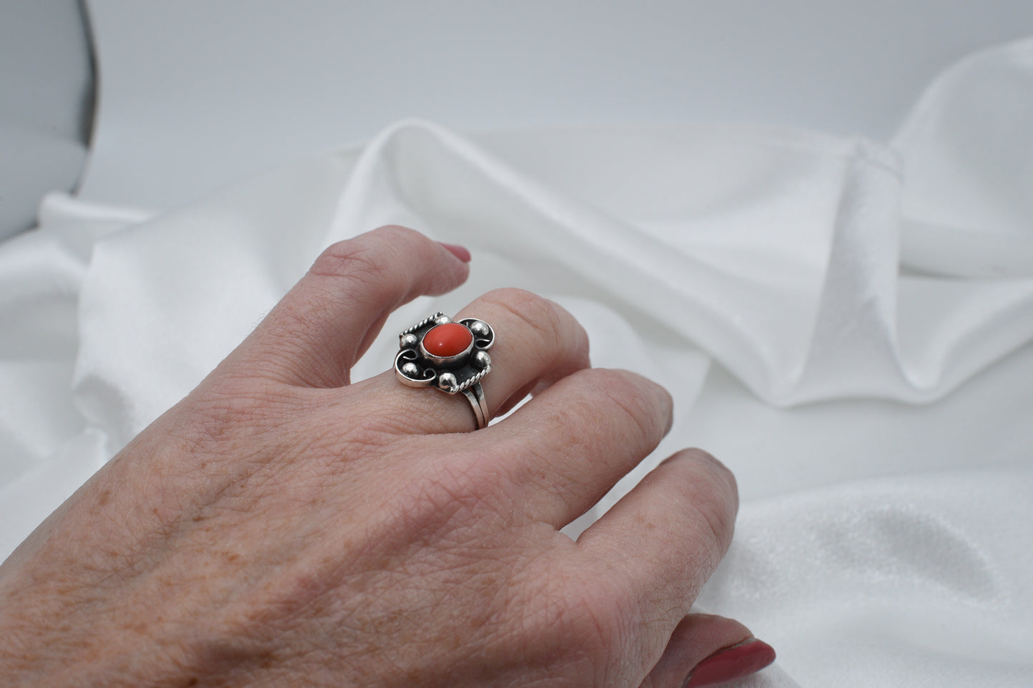 Coral and sterling ring size 4.5