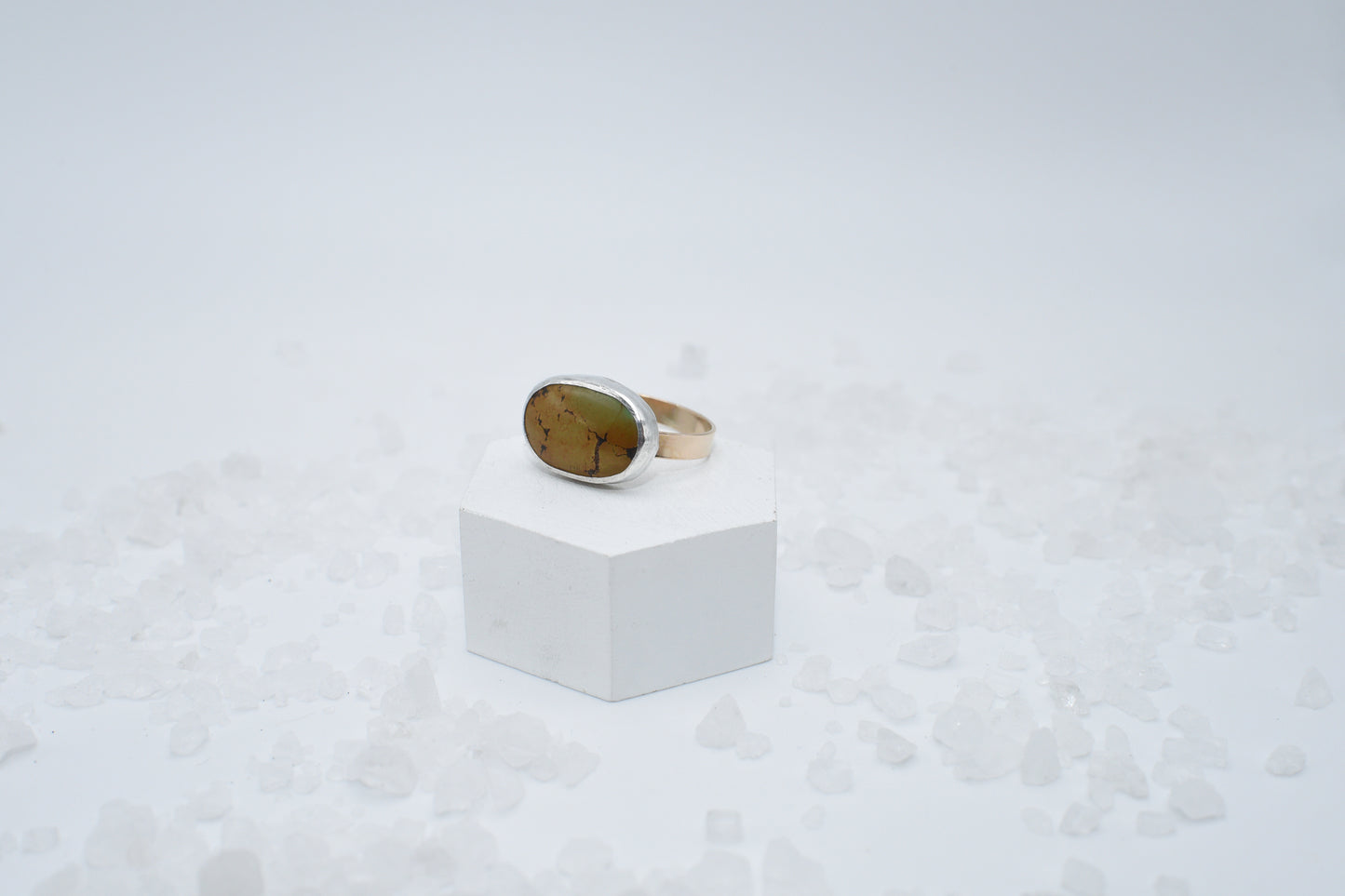 green brown turquoise in mixed metal ring size 10