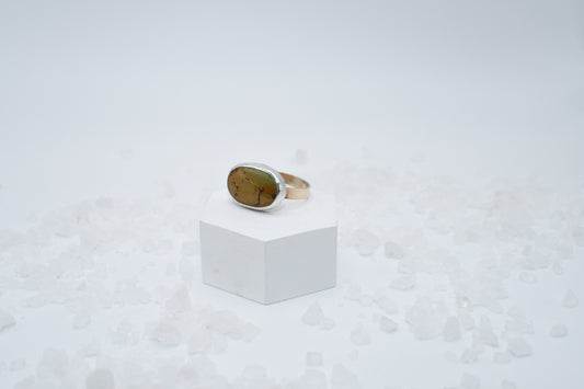 green brown turquoise in mixed metal ring size 10