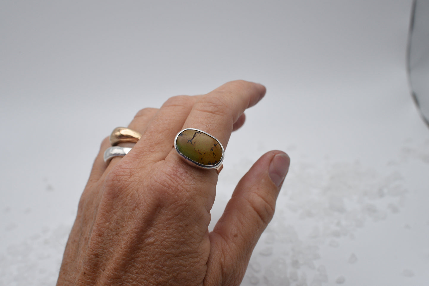 green brown turquoise in mixed metal ring size 10
